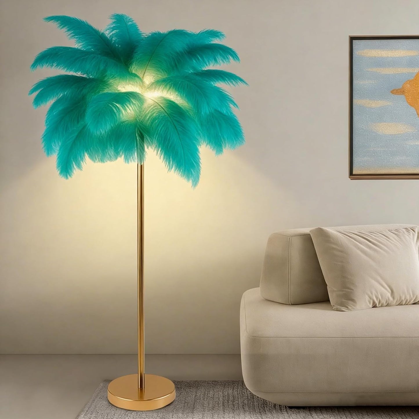 Lámpara de Pie de Plumas de Avestruz para Salón, 3 Tonos de Luz, Oro Rosa, 160 cm
