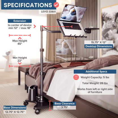 Soporte para Portátil con Ruedas y Brazo Articulado - Mesa Auxiliar Ajustable para Teletrabajo y Oficina
