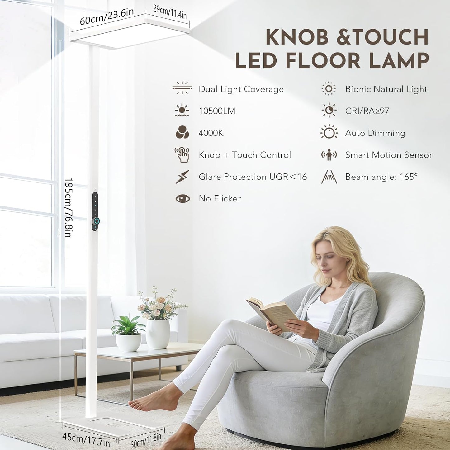 Lámpara de Pie LED 120W con Sensor de Movimiento - Luz de Lectura Gran Alcance 10500 lm, 4000K Blanco Neutro