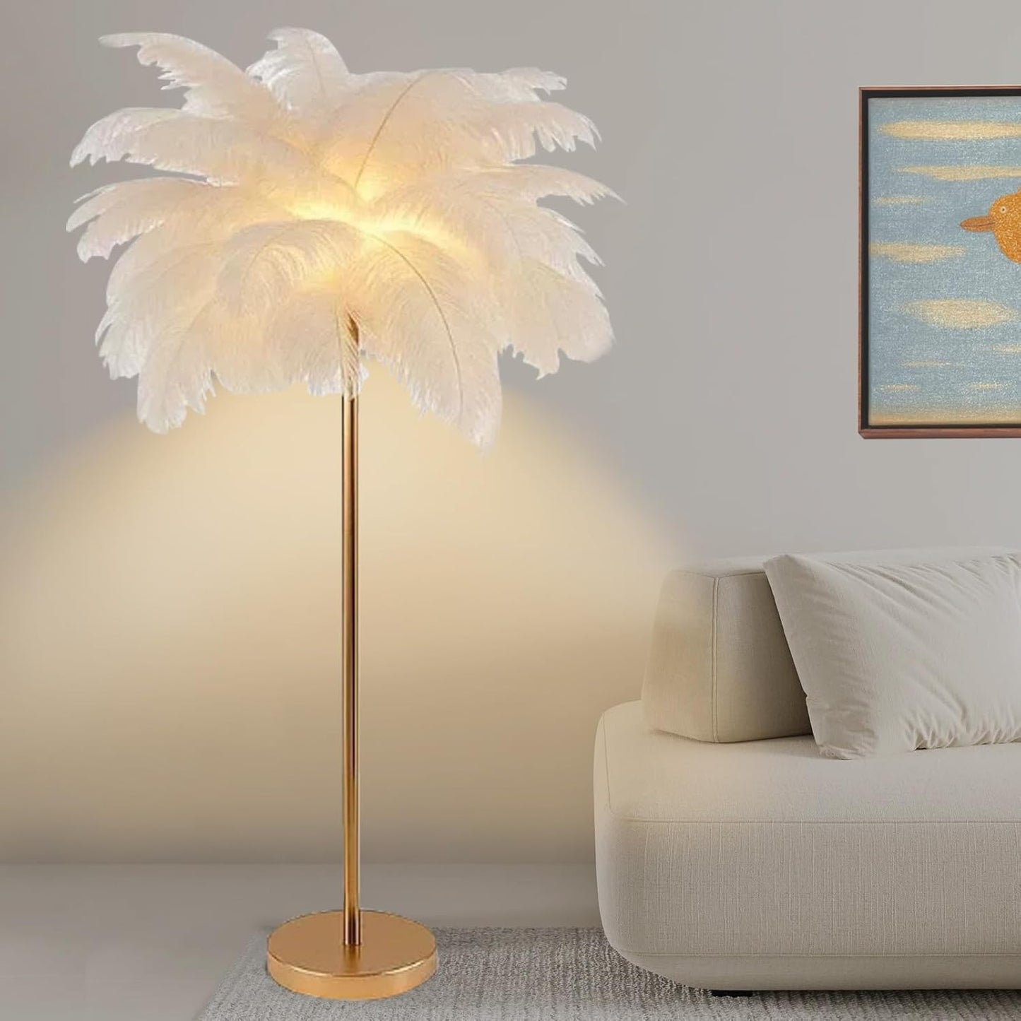 Lámpara de Pie de Plumas de Avestruz para Salón, 3 Tonos de Luz, Oro Rosa, 160 cm