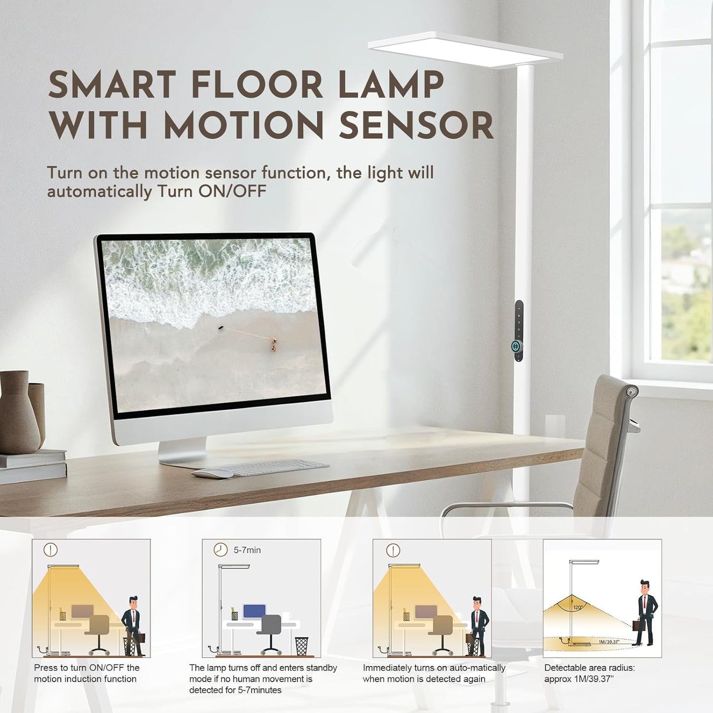 Lámpara de Pie LED 120W con Sensor de Movimiento - Luz de Lectura Gran Alcance 10500 lm, 4000K Blanco Neutro