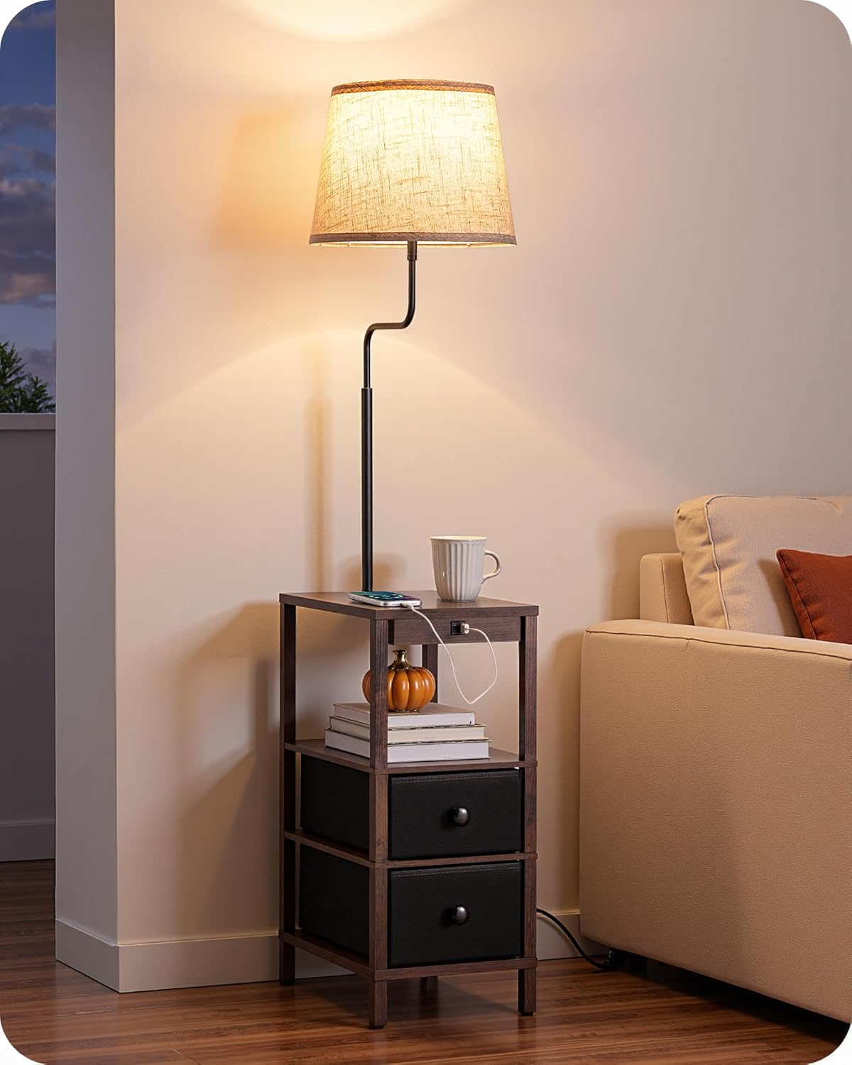 Lámpara de Pie Moderna con Estante y Puertos USB A+C, Regulable, Color Negro - Mesita de Noche con Luz