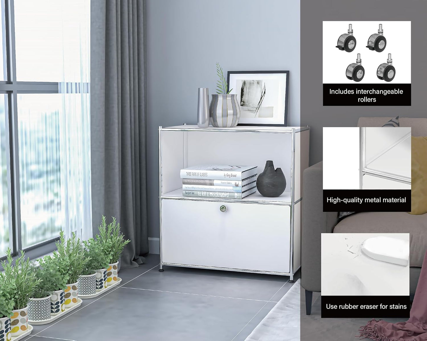 Mesa Auxiliar Moderna Ennio con Tapa Abatible y Ruedas Extraíbles - Blanco