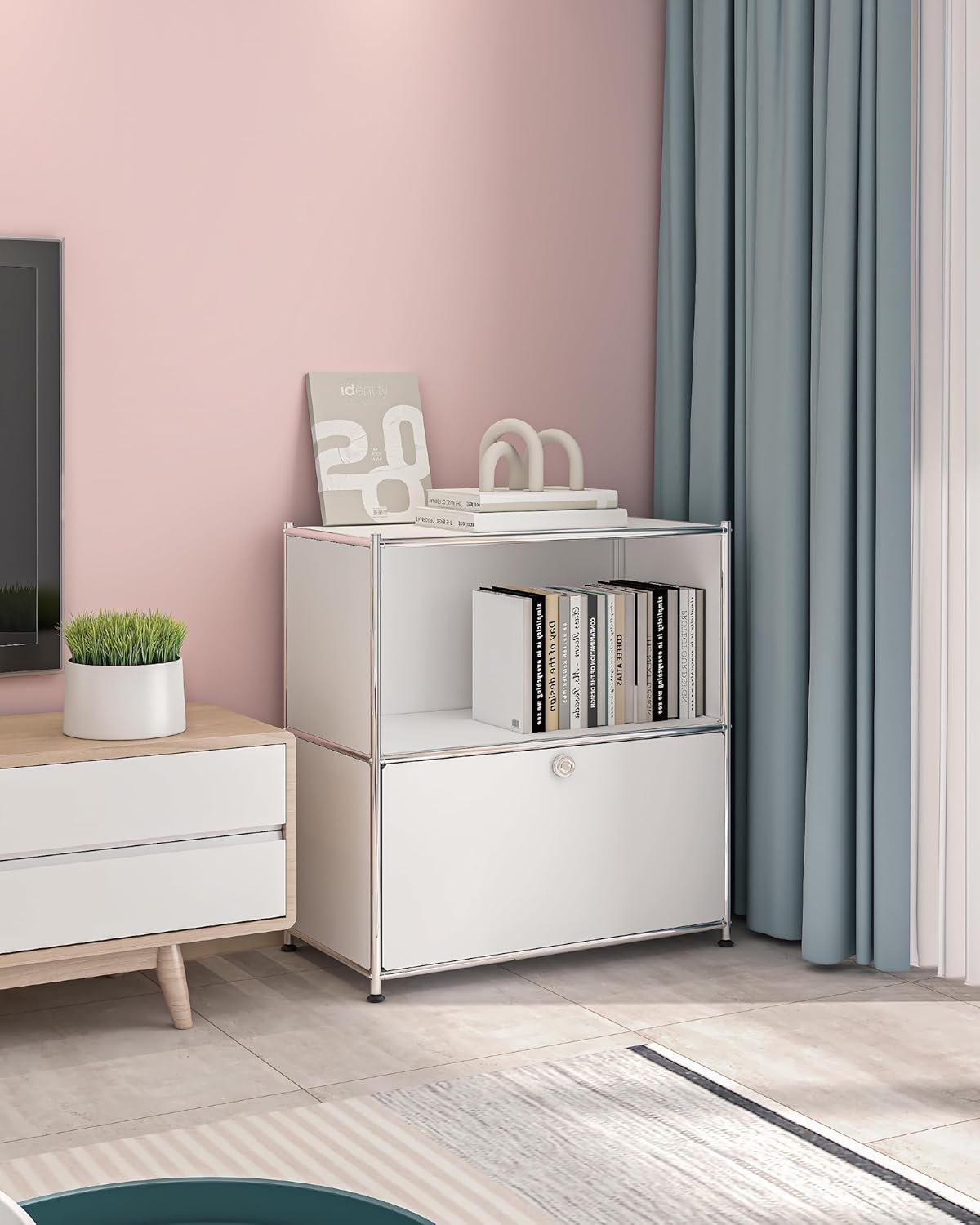 Mesa Auxiliar Moderna Ennio con Tapa Abatible y Ruedas Extraíbles - Blanco